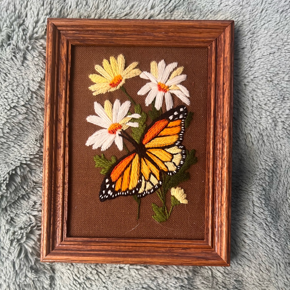 Embroidered Monarch Butterfly Floral Wall Art - Orange, White